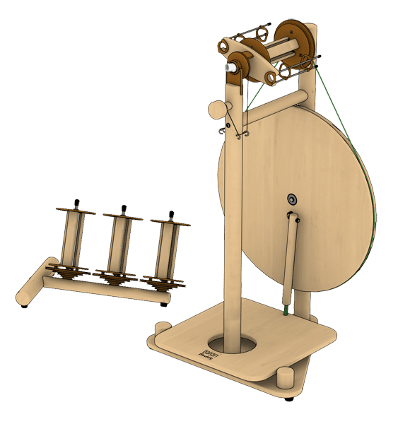Wooden spinningwheel with wide treadle from Lojan