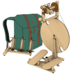 A wooden spinning wheel with lazy kate, and a backpack. Lojan