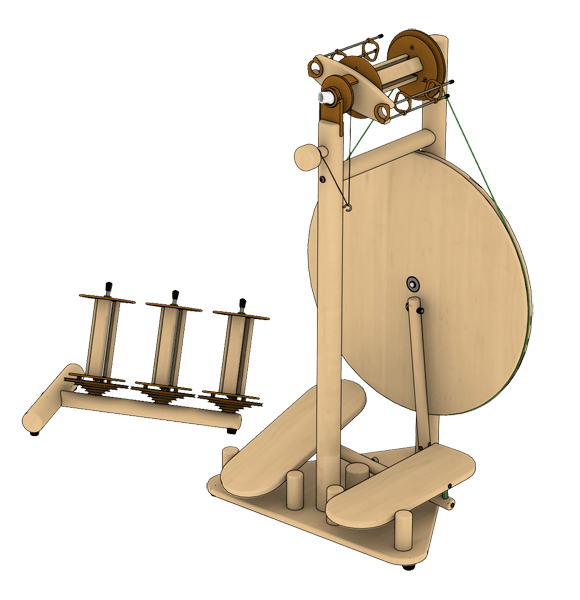 Wooden spinning wheel with dubbel treadle from Lojan