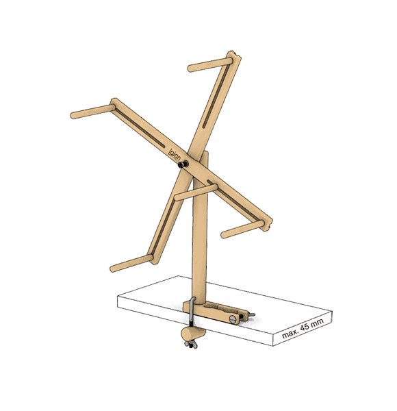 The Lojan skeinwinder can be attached to a table, or to the Buddy spinning wheel. Designed by Jan Louët and Loes van Aken.