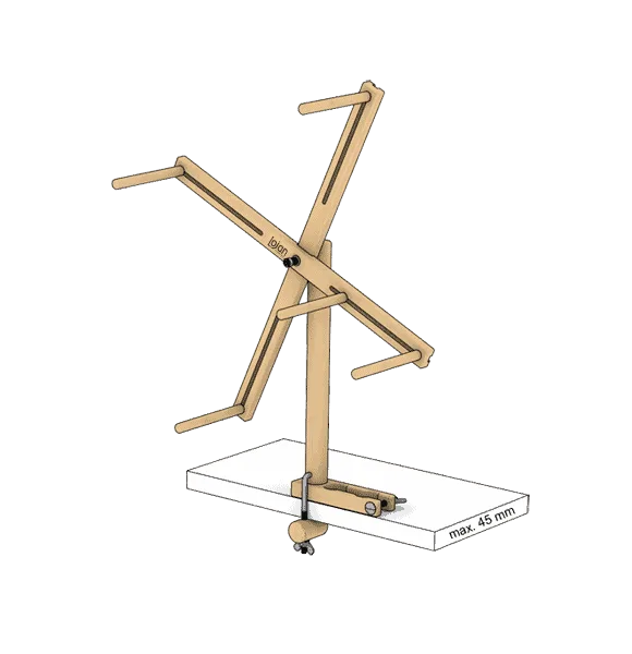 The Lojan skeinwinder can be attached to a table, or to the Buddy spinning wheel. Designed by Jan Louët and Loes van Aken.